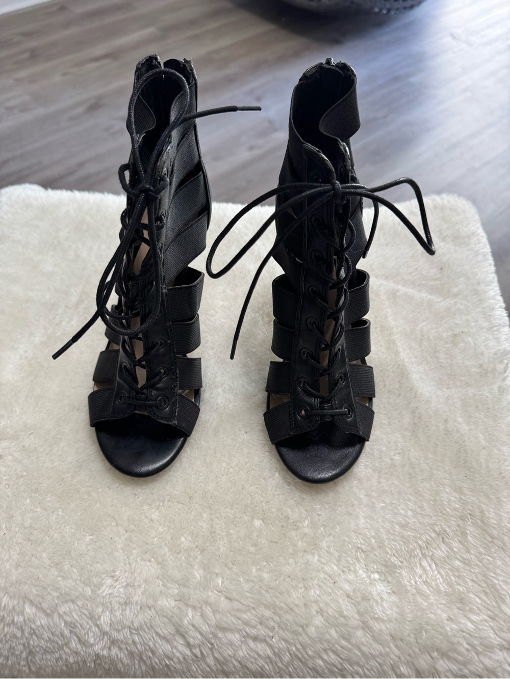 Black Lace-Up Gladiator Heels - Women's Fashion Sandals